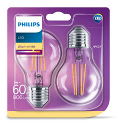 PHILIPS Żarówka LED Classic CLA A60 6W/827 odpowiednik 60W 806lm 2700K ciepła biała E27 filament szklana 2 sztuki