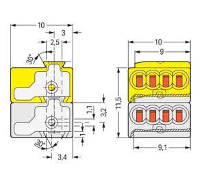 WAGO Złączka nasadzana 4-przewodowa PUSH WIRE® Ø 0,8 mm 2-bieg do KNX jasnoszary/żółty